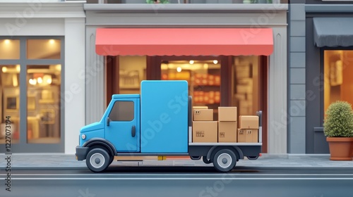 Delivery truck, city street, boxes, shop background, e-commerce
