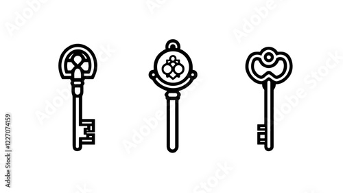 Set of three decorative keys in a minimalist style on a white background