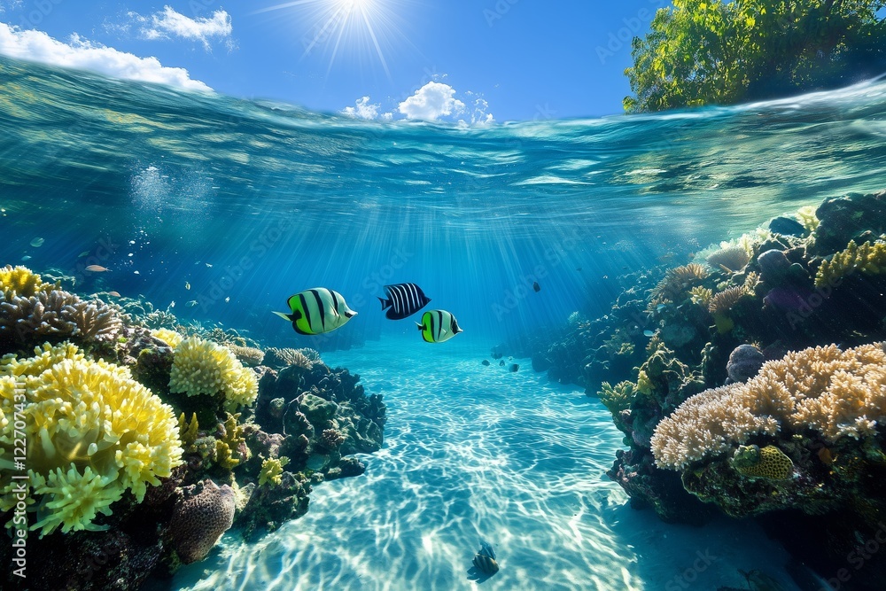 Fototapeta premium Tropical Fish and Coral Reef. Underwater View of Colorful Fish Swimming Among Vibrant Coral Formations in Crystal Clear Blue Ocean. Sunlight Beams Through Water. Marine and Nature Themes. AI generated