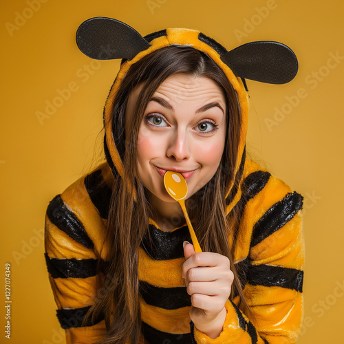 Verspielte junge Frau im gelb-schwarzen Bienen-Kostüm mit Öhrchen leckt einen Lutscher. Humorvolles Portrait mit ausdrucksstarker Mimik vor gelbem Hintergrund photo