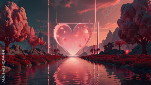 heart shaped valentines sign on the unreal dreamy fantasy world landscape art with the mountains and pink trees