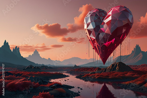 heart shaped valentines sign on a dream unreal lovely landscape art with the mountains pink color sunrise