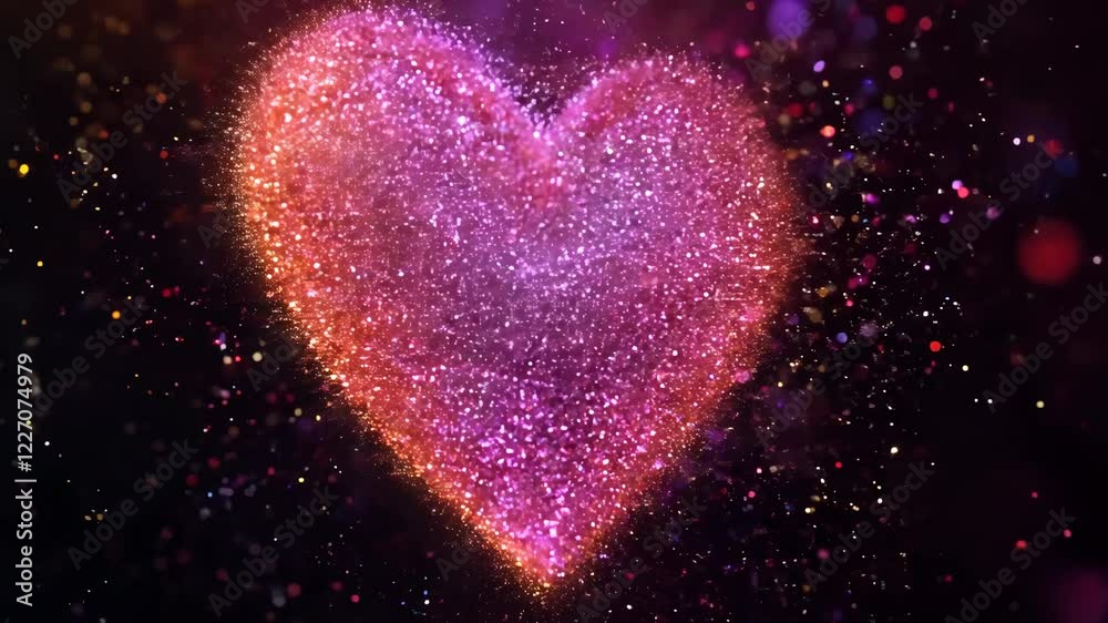 Colorful powder particles exploding forming a heart shape against a dark background. Glitter dust creating a vibrant dynamic visual heart-shaped form. Sparkle grains.14 February Valentine's Day