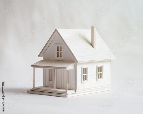 White Wooden Model House with Porch and Chimney photo