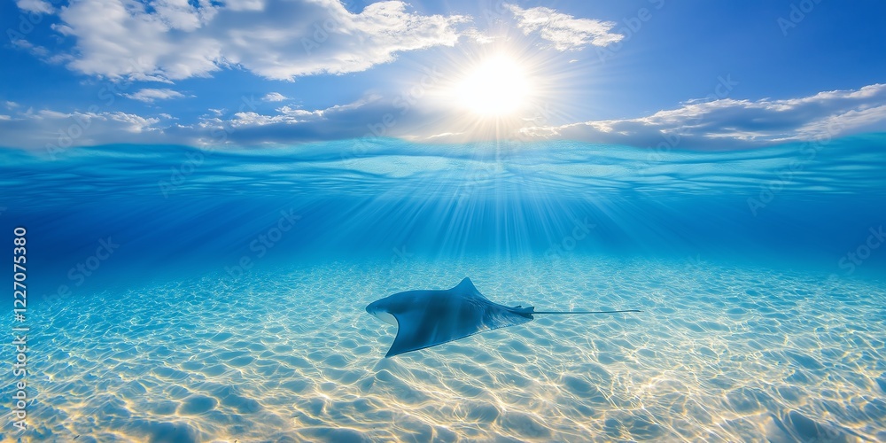 Fototapeta premium Manta Ray Gliding Over Sunlit Ocean Floor. Crystal Clear Water Reflects Light, Creating a Majestic and Peaceful Underwater Scene. Perfect for Marine Life, Nature, and Travel Themes. AI generated