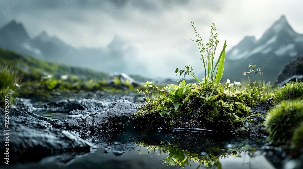 Obraz premium Close-up of an ethereal mountain landscape humanity's survival in nature's resilient embrace
