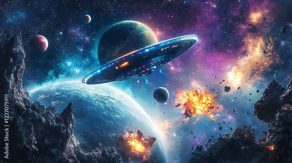 Space landing page. Cartoon alien UFO spaceship in galaxy with fantasy planets, fire asteroids, stars and comets. Space research landing page vector template for business company website, astronomy Space landing page. Cartoon alien UFO spaceship in galaxy with fantasy planets, fire asteroids, stars and comets. Space research landing page vector template for business company website, astronomy