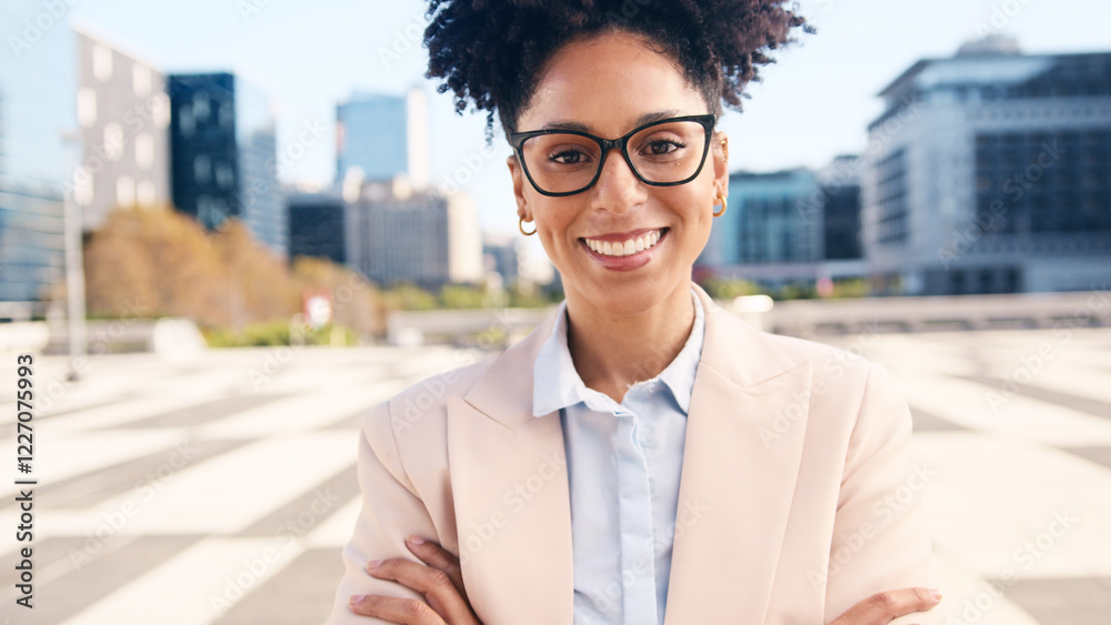 Confident Businesswoman Smiling Outdoors in Urban Environment Confident Businesswoman Smiling Outdoors in Urban Environment