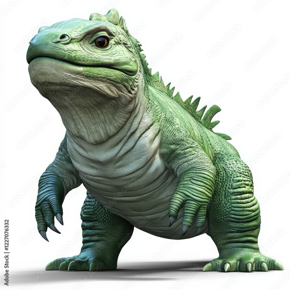 Fototapeta premium Green, reptilian creature, stout body, clawed feet, standing.