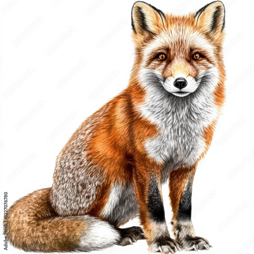 Fototapeta premium Red fox sitting, detailed pencil drawing, vibrant fur.