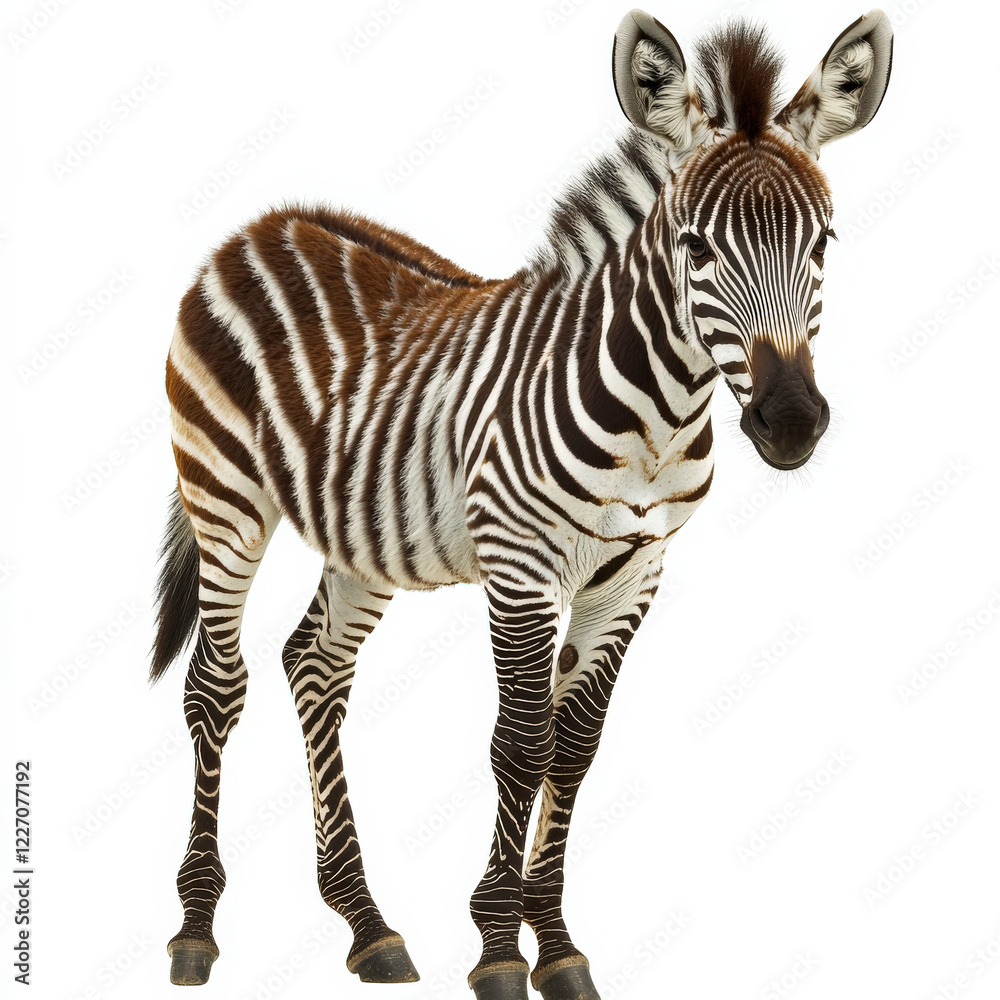 Fototapeta premium Striped young zebra foal standing, isolated on white.