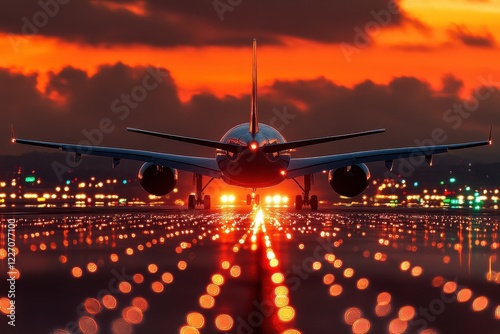 Airplane taxiing on runway at sunset. Perfect for travel, transportation, and aviation themes.