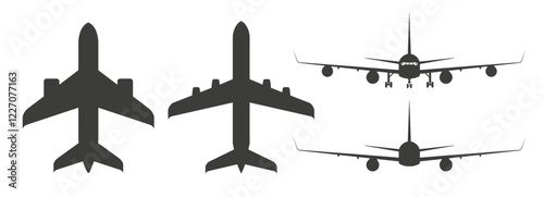 Commercial passenger aircraft, top, front and rear views. Flat vector illustration isolated on white background.