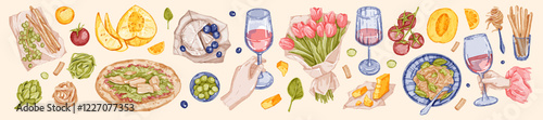 Italian food collection, vector watercolor dinner eatery illustration set, tasty pizza, pasta cheese. Woman hand holding wine glass, appetizer menu sticker design element. Italian food date lunch