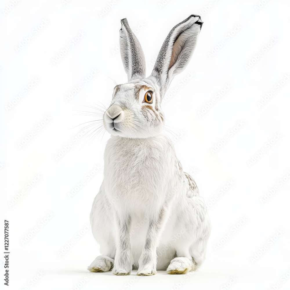 Obraz premium White hare sitting, alert expression, isolated on white.