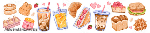 Morning breakfast snack set, colorful pencil food vector illustration, hand drawn wax crayon texture. Cartoon cute lunch bakery, bubble tea to go cup, biscuit, sandwich cheat meal. Snack pencil doodle