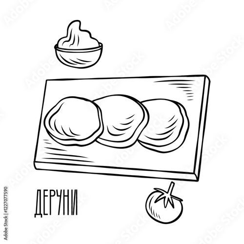 Board of deruny with sour cream and tomato.  Ukrainian food. 