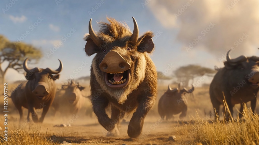 A Warthog and a Herd of Buffalo Run Across a Dusty Plain With Sparse Trees A Warthog and a Herd of Buffalo Run Across a Dusty Plain With Sparse Trees