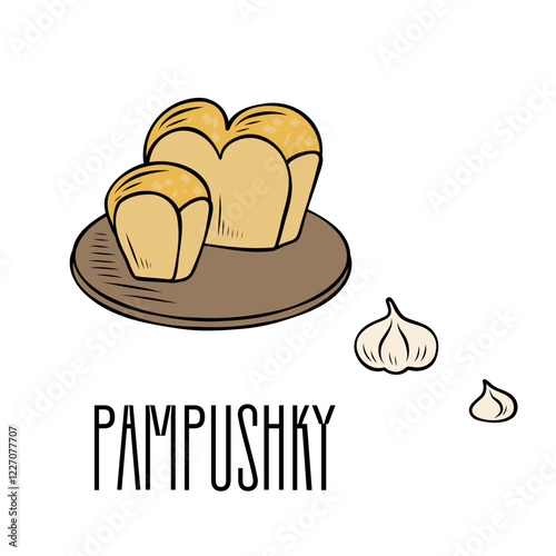 Hand-drawn pampushky on board with garlic. Traditional Ukrainian dish pampushky for cookbook or menu, packaging, stickers, advertising. Ukrainian food. Vector line drawing