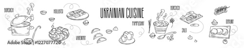 Set of Ukrainian cuisine dishes. Good for cookbook, menu, packaging, stickers, advertising.