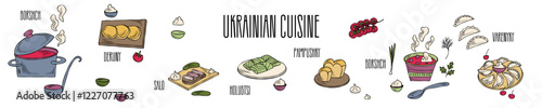 Ukrainian cuisine dishes. Good for cookbook, menu, packaging, stickers, advertising