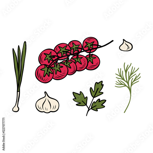 Branch of tomatos, onion, parsley and dill on white background. Good for cookbook or menu, packaging, stickers, advertising