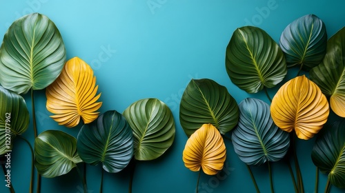 Wallpaper Mural Vibrant Green And Yellow Tropical Leaves On Turquoise Background, Minimalist Botanical Design Torontodigital.ca