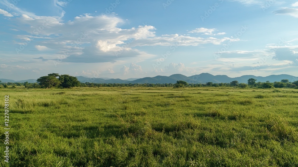 Lush green field, mountain backdrop, sunny day, peaceful landscape, nature scene. Lush green field, mountain backdrop, sunny day, peaceful landscape, nature scene.