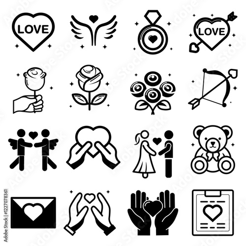 Ensemble d'icônes représentant l'amour, icônes de la saint valentin, symbole de l'amour, style mignon, fleurs et nounours, flèches et arc de cupidon, unicolore, vecteur
