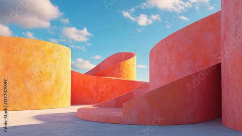 Abstract Architectural Design:  Orange and Coral Curves Under a Blue Sky