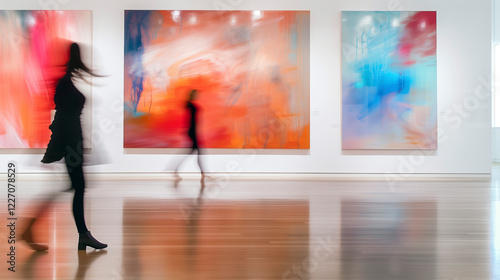 Persona caminando en galería de arte con pinturas en movimiento y desenfoque artístico.