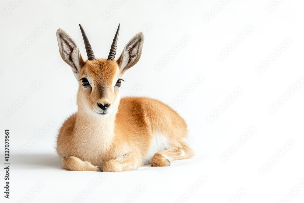 A young gazelle rests on a white background.