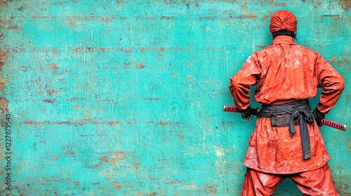 Red-clad warrior, weathered wall, katana, Asian culture, martial arts backdrop photo