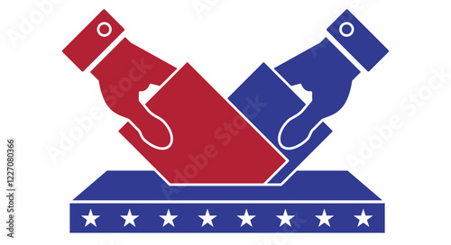 Voting. Two hands, blue and red, drop a ballot into the ballot box. American elections. Flat vector illustration isolated on white background.
