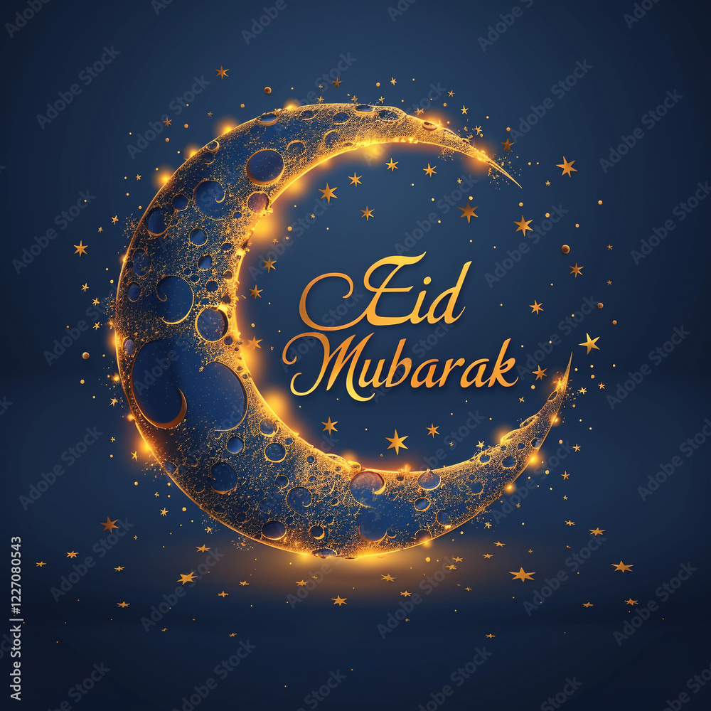 Fototapeta premium Golden Crescent Moon and Stars Greeting for Eid Mubarak