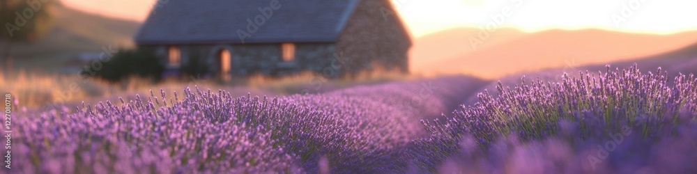 Obraz premium Stone cottage with lavender field at sunset capturing rural serenity and nature