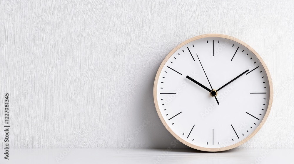 Simple white clock on wall, time management concept, minimalist interior, website background Simple white clock on wall, time management concept, minimalist interior, website background