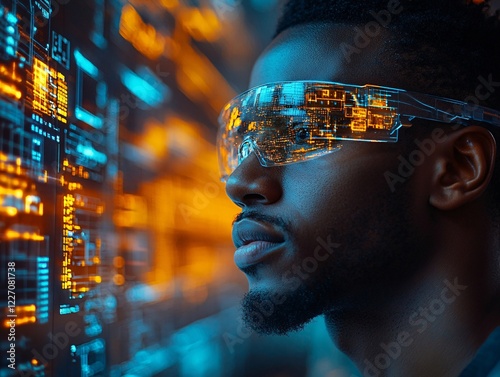 A skilled industrial engineer with gray hair and safety glasses monitors advanced computer systems in a high-tech factory, ensuring efficiency, automation, and quality control in production