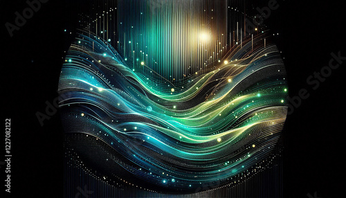 Black dark blue green emerald petrol teal lime yellow white abstract background. Color gradient ombre blend. Line stripe. Bright light flash glow glitter neon metallic. Noise grain mesh