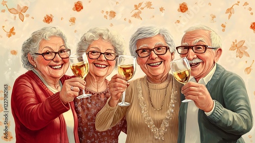 Seniors celebrating a special occasion with family, toasting with glasses in hand