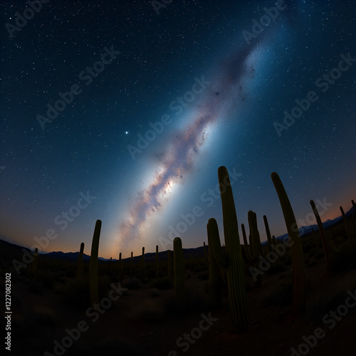 A panoramic view of the night sky in a desert, with the Galactic Center of the Milky Way glowing brightly above a field of tall cacti, and faint zodiacal light visible near the horizon photo