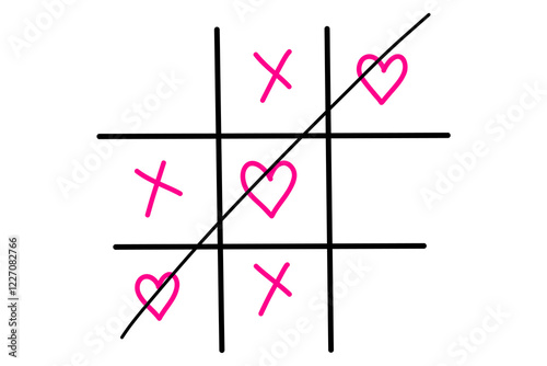 Tic tac toe with heart and cross doodle. You Won my heart. Hand drawn sketch Valentines Day tic tac toe game. X-O love game. Win in tictactoe. Vector doodle illustration isolated on white background.