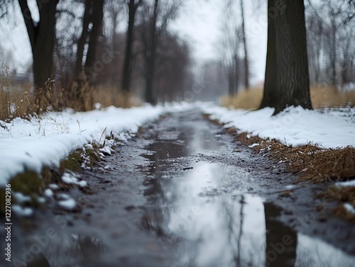 Winter Path Through a Snowy Forest with Reflections in a Puddle - A Tranquil Winter Landscape Photography photo