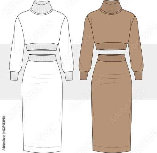 Women's sweater and skirt Knitted Set. Technical fashion illustration, drawing. Flat apparel set template ,Women's CAD mock-up.