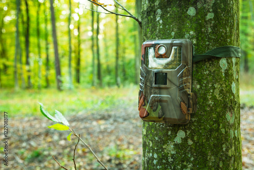Close-up of a camera trap hanging on a tree trunk
