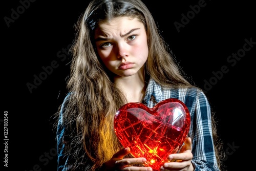 Commercial creative artwork. Youth valentine's day greeting card: juvenile girl with sad face holds red heart in hands. Sign of love and affection. Valentine's day love cards. photo