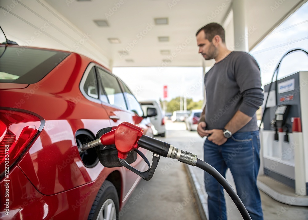 Man fueling red car at gas station with nozzle in focus Man fueling red car at gas station with nozzle in focus
