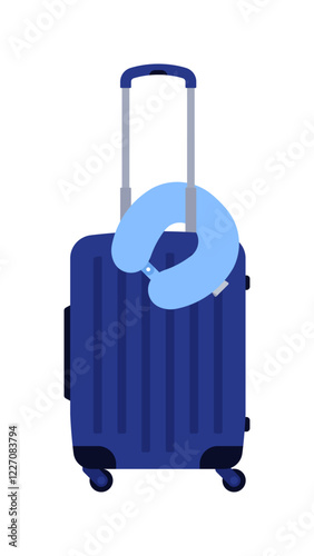 Packed suitcase and travel pillow. Blue modern suitcase with long trip accessory. Simplicity vector illustration, isolated on white background.