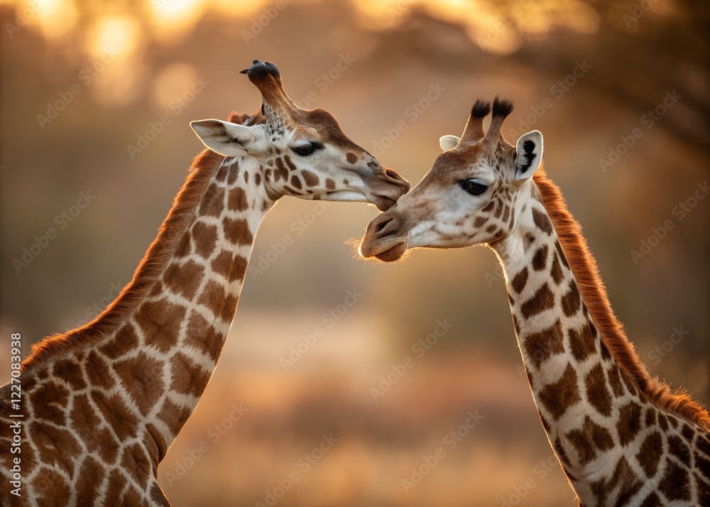 Two adorable giraffes stand close together, showcasing their unique patterns and gentle demeanor against a warm, blurred background, capturing a moment of connection in the wild Two adorable giraffes stand close together, showcasing their unique patterns and gentle demeanor against a warm, blurred background, capturing a moment of connection in the wild