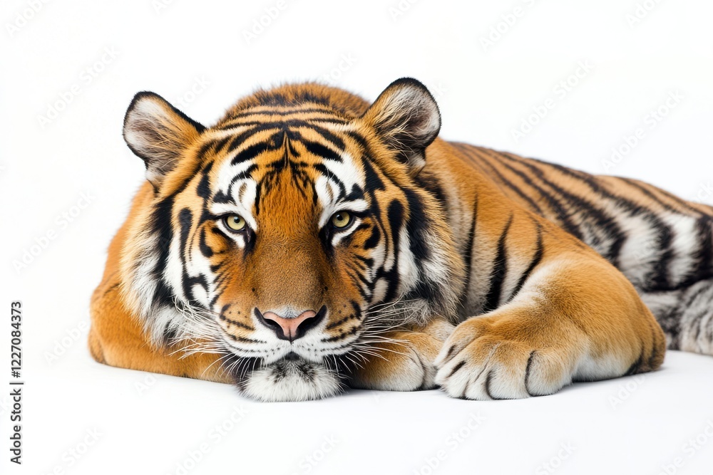 Fototapeta premium Majestic tiger rests on white background.